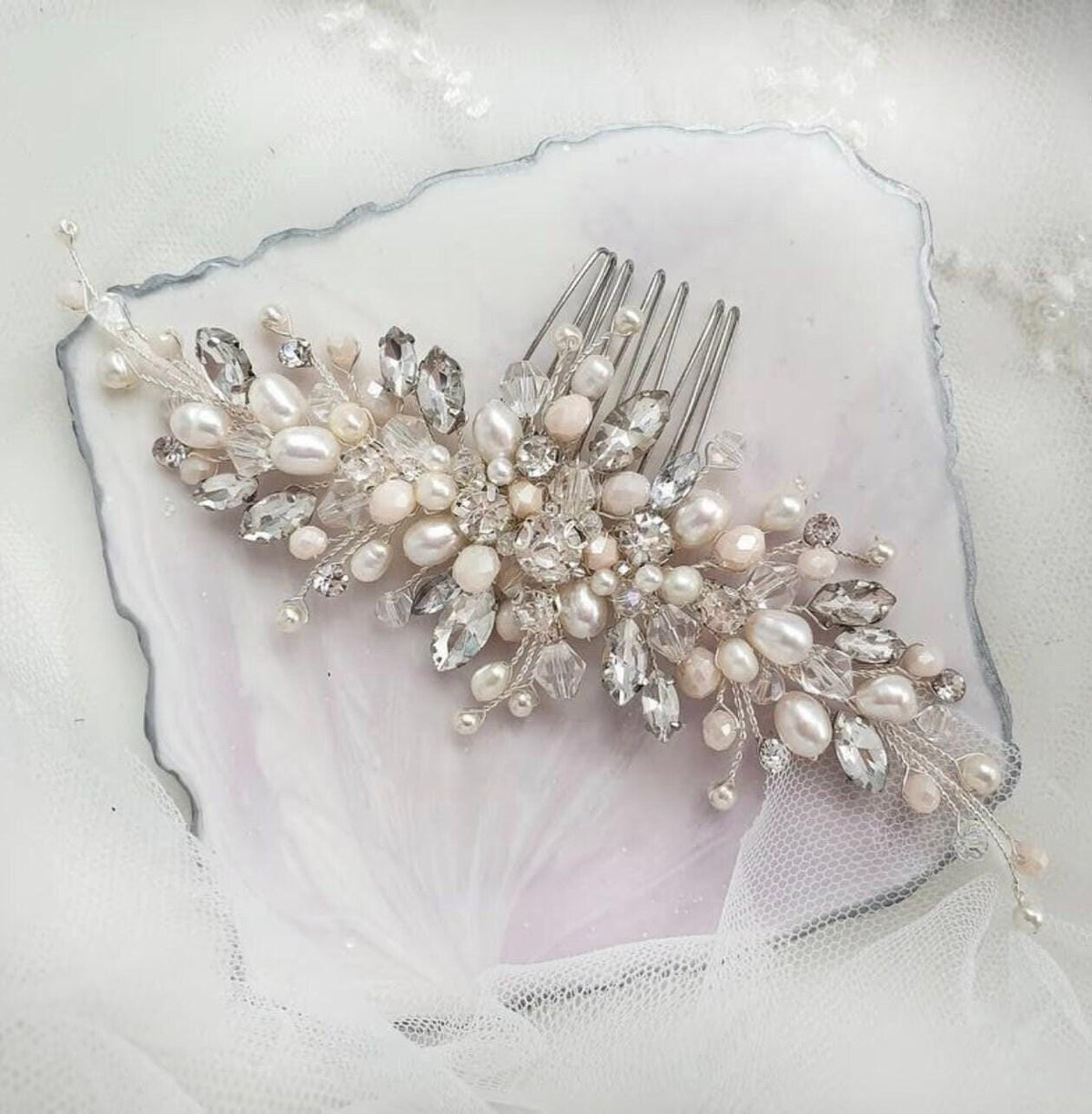 Freshwater Pearl & Crystal Bridal Hair Comb, 6 Inch Wedding Accessory