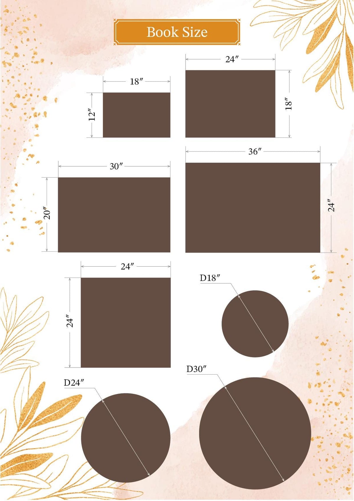 a collection of six different-sized brown rectangles and circles, each with specific dimensions provided in inches. The text "Book Size" is displayed at the top of the image.