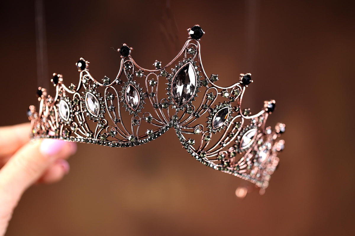 Baroque Black Crystal Tiara, Vintage Gothic Bridal Crown, Elegant Prom Headpiece