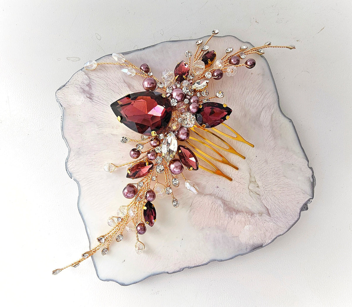 Burgundy Crystal Wedding Hair Comb, Bridal Hair Piece, 6 Inch