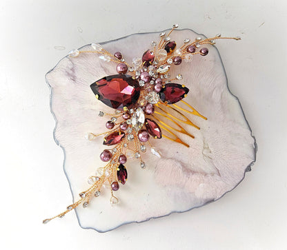 Burgundy Crystal Wedding Hair Comb, Bridal Hair Piece, 6 Inch