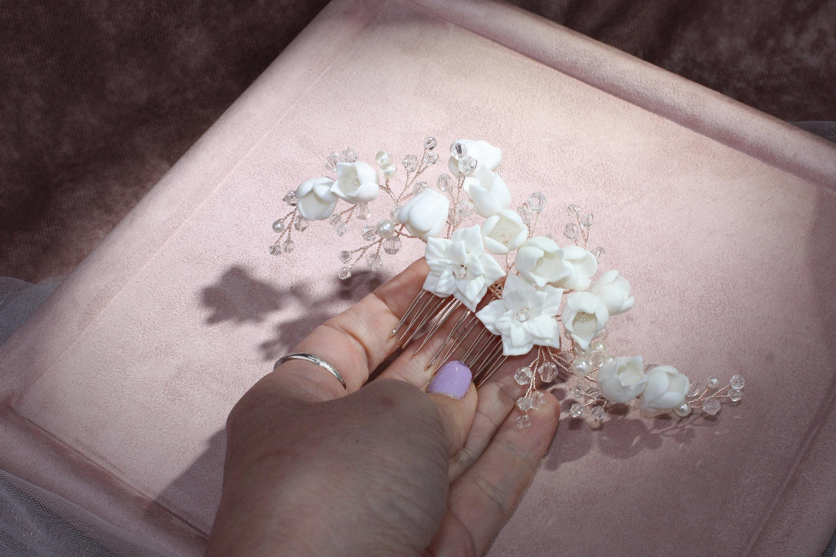 White Porcelain Flower Wedding Hair Comb, Rose Gold Bridal Hairpiece