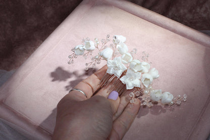 White Porcelain Flower Wedding Hair Comb, Rose Gold Bridal Hairpiece