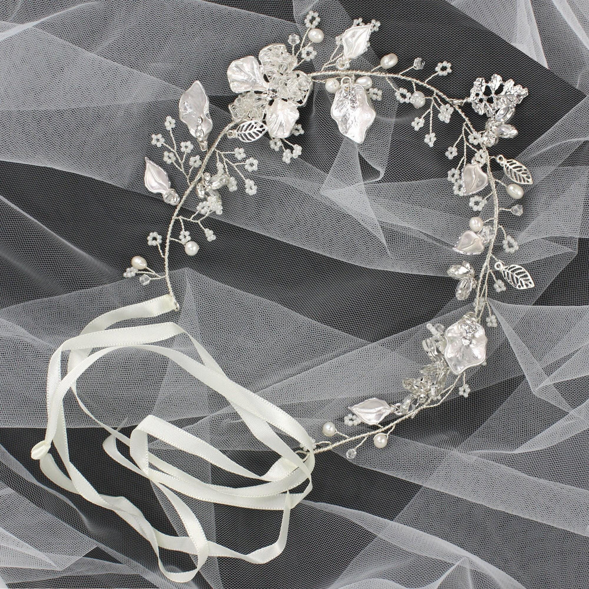 Silver Floral Bridal Hair Vine: Wedding Headpiece, 15" Handmade Jewelry