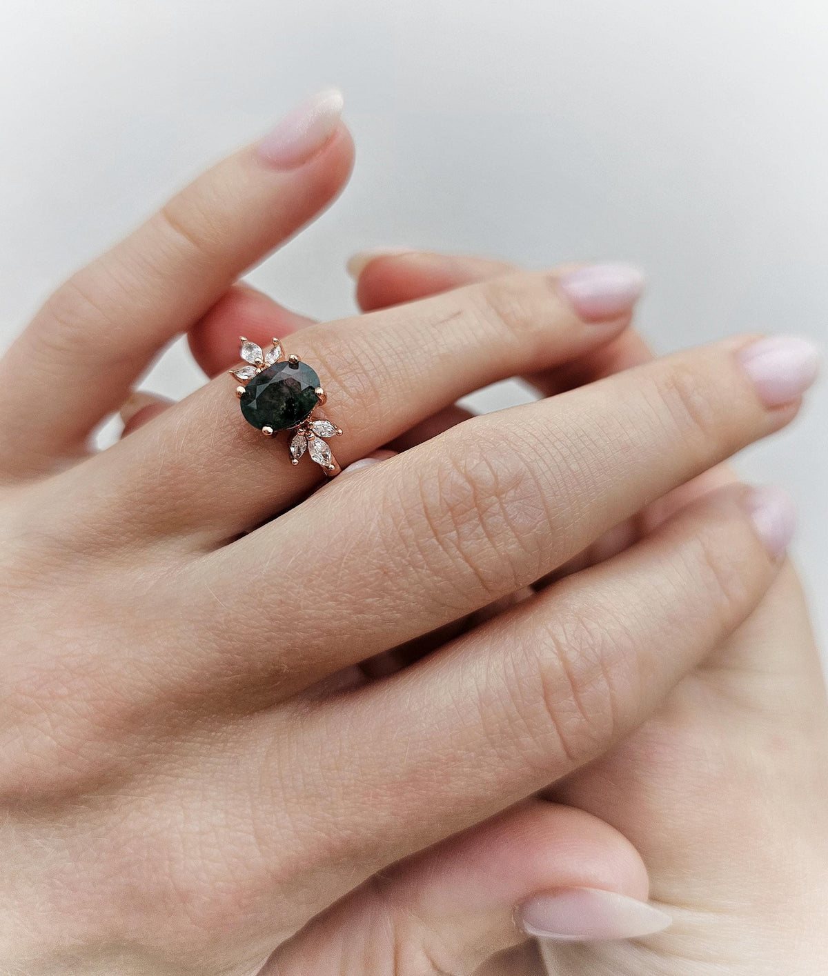 Oval Moss Agate Engagement Ring: Rose Gold Plated Sterling Silver, CZ Accents