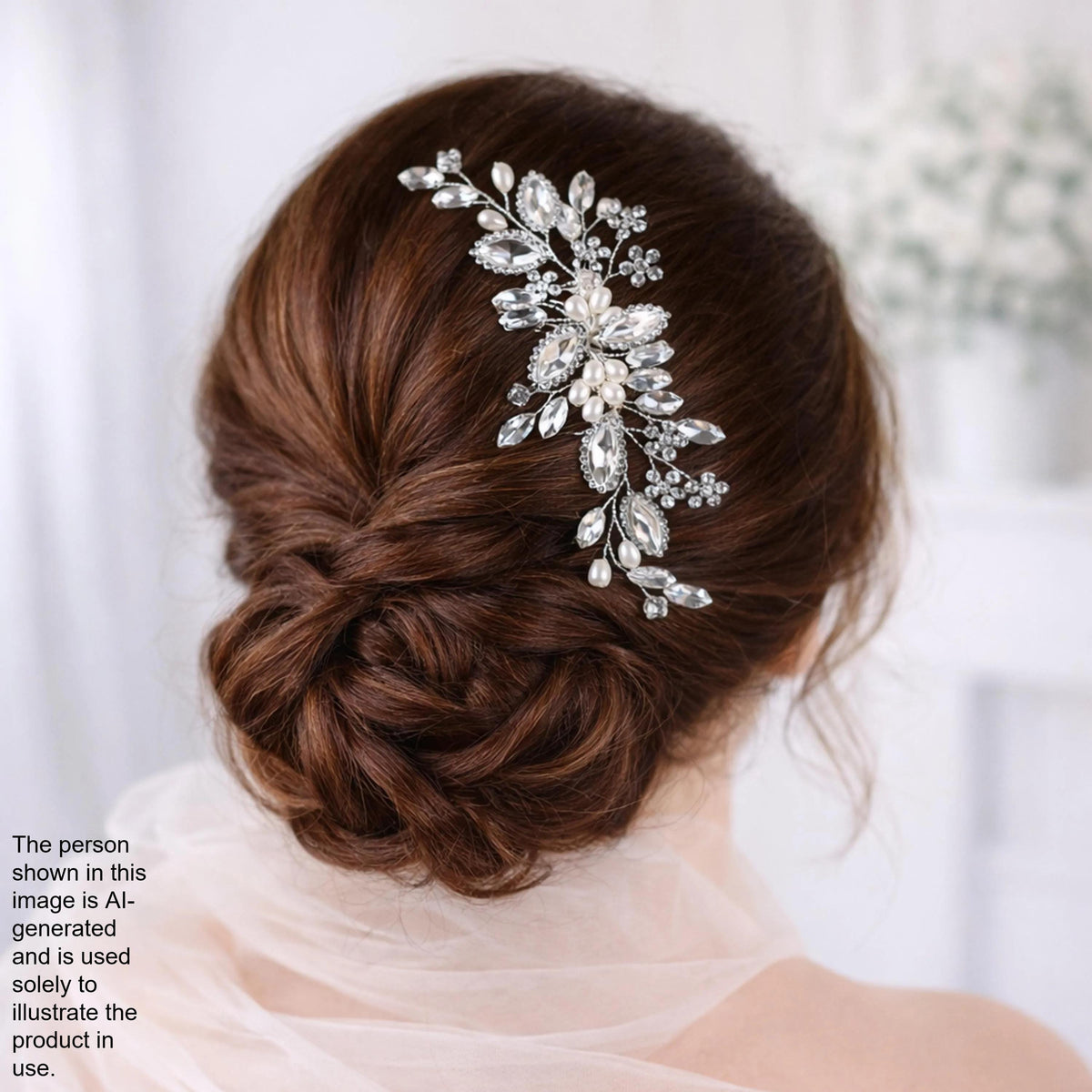 a woman's back view with her hair styled in a bun, adorned with a decorative hair accessory featuring a floral and crystal design.