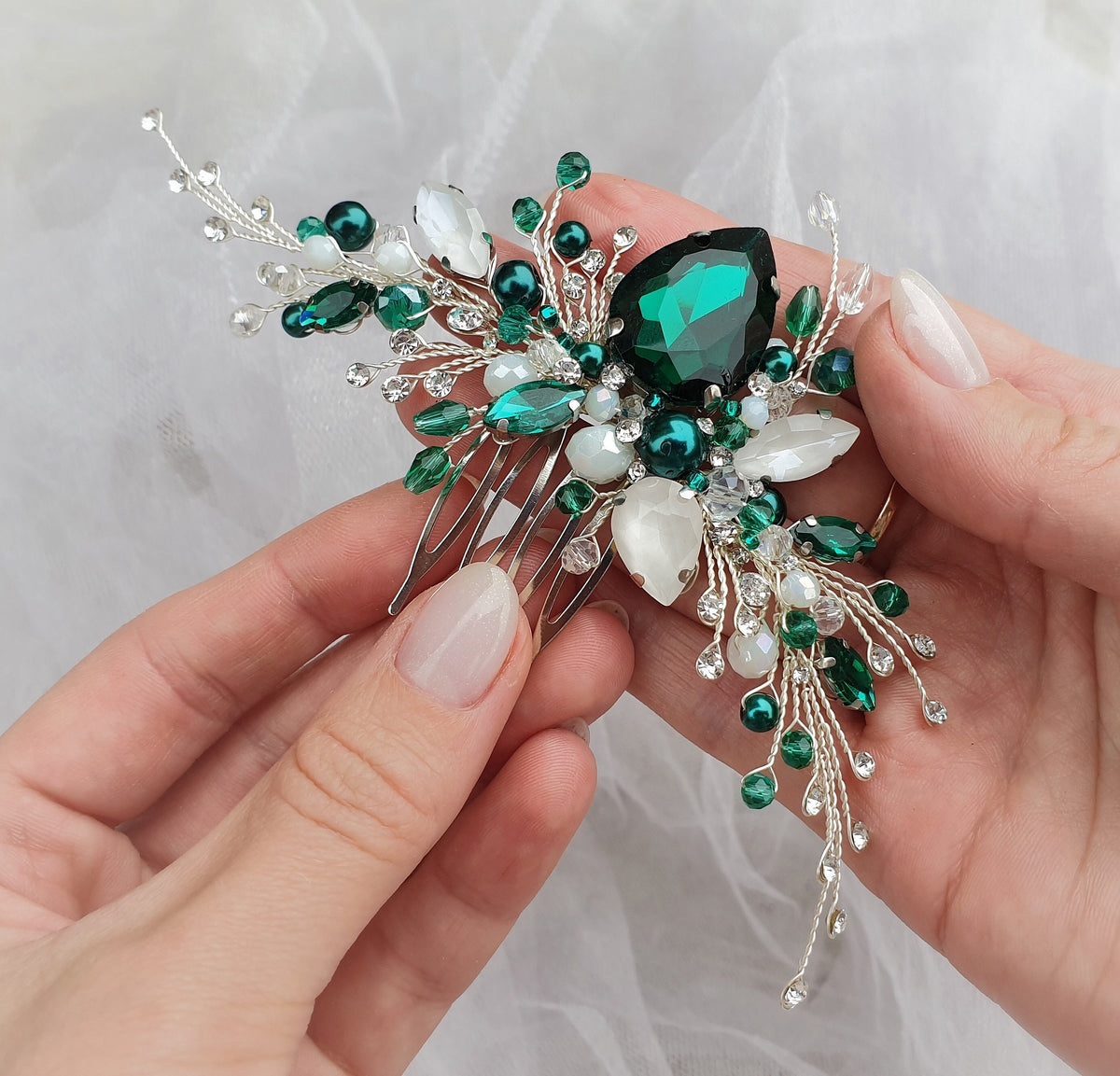 Handmade Emerald Crystal Wedding Hair Comb: Bridal Hair Jewelry
