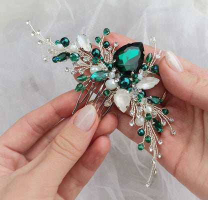 Handmade Emerald Crystal Wedding Hair Comb: Bridal Hair Jewelry