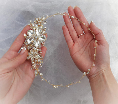 Gold Flower Bridal Hair Vine: Pearl & Crystal Wedding Headpiece
