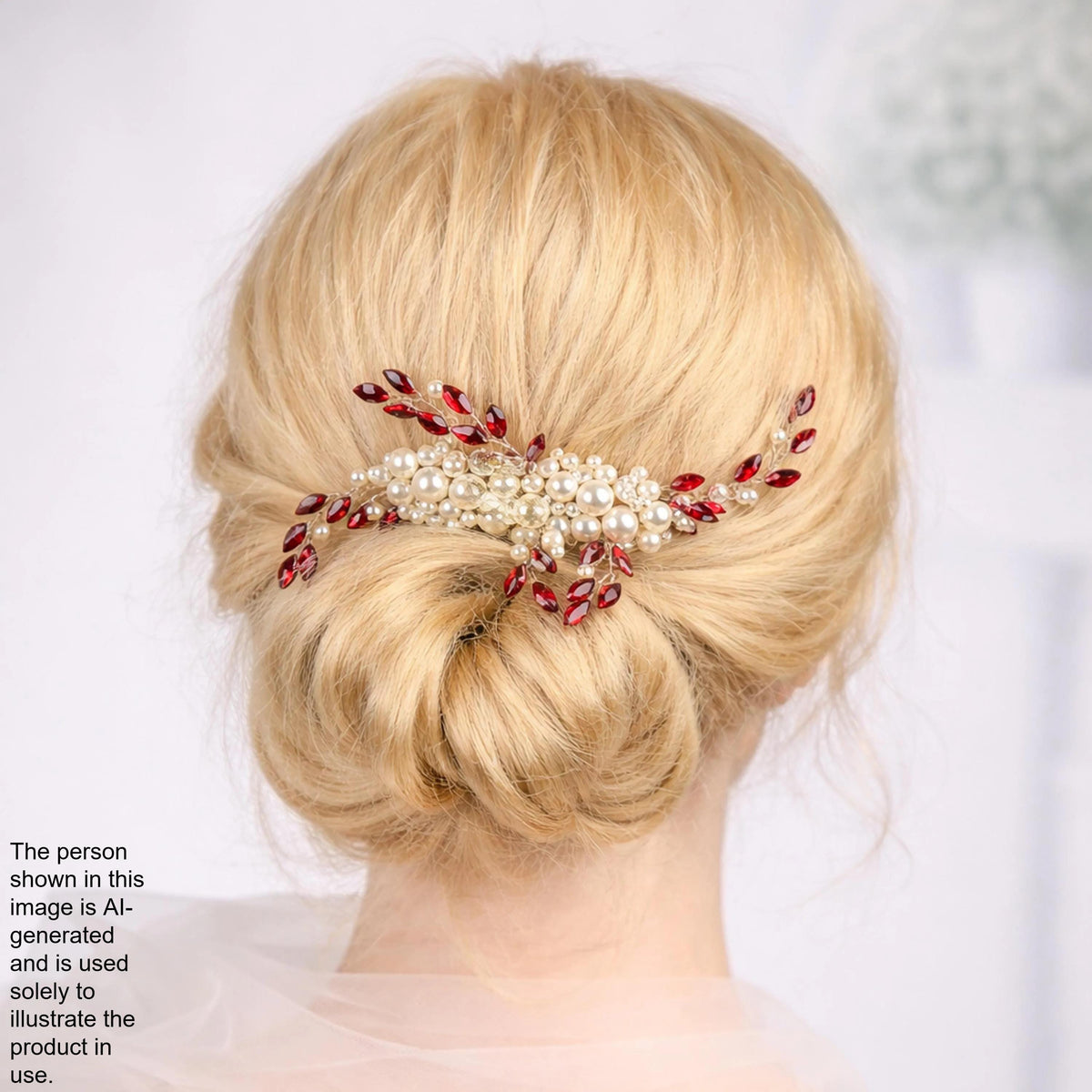 the back view of a woman's blonde hair with a decorative hair accessory featuring red and white gemstones.