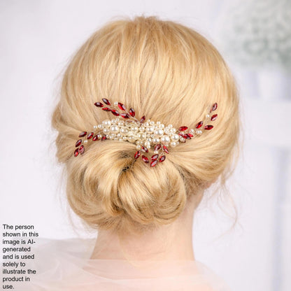 the back view of a woman's blonde hair with a decorative hair accessory featuring red and white gemstones.