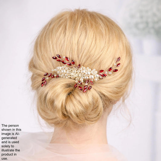 the back view of a woman's blonde hair with a decorative hair accessory featuring red and white gemstones.