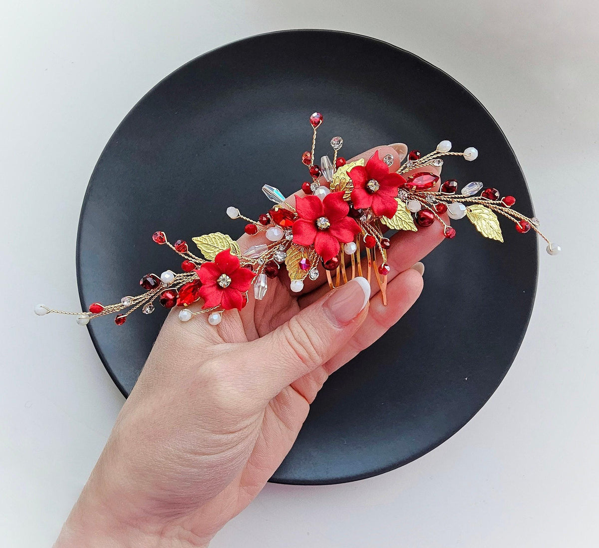 Red Floral Wedding Hair Comb. Elegant Bridal or Prom Hairpiece. Handmade Wedding Accessory for Brides & Bridesmaids