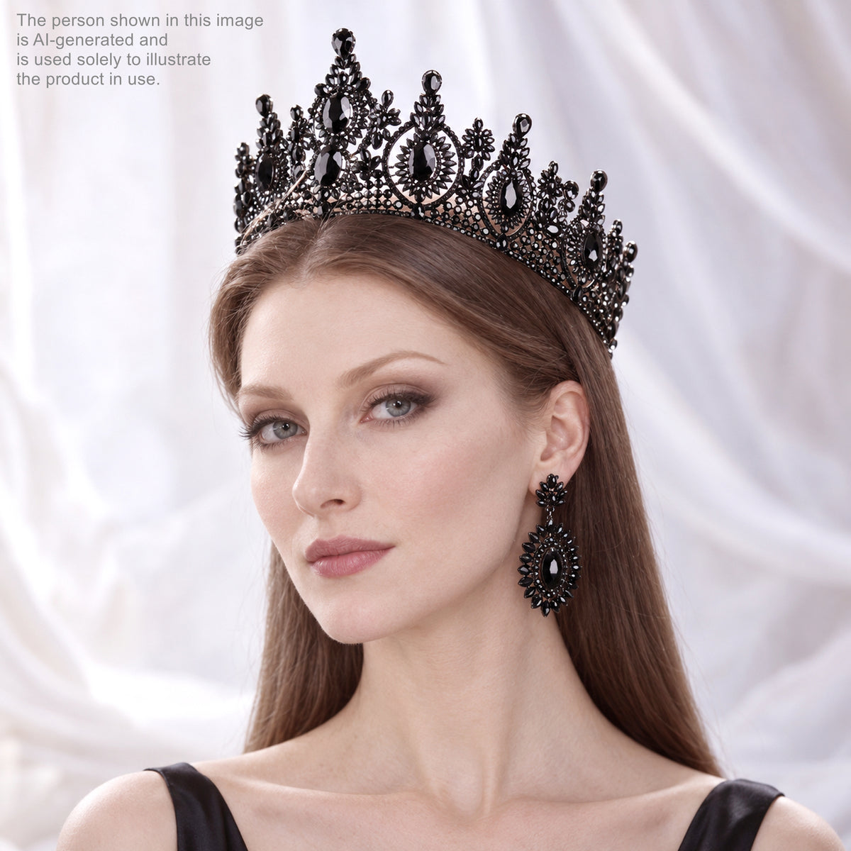 A woman wearing a black ornate crown and earrings, with a serious expression on her face.