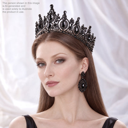 A woman wearing a black ornate crown and earrings, with a serious expression on her face.