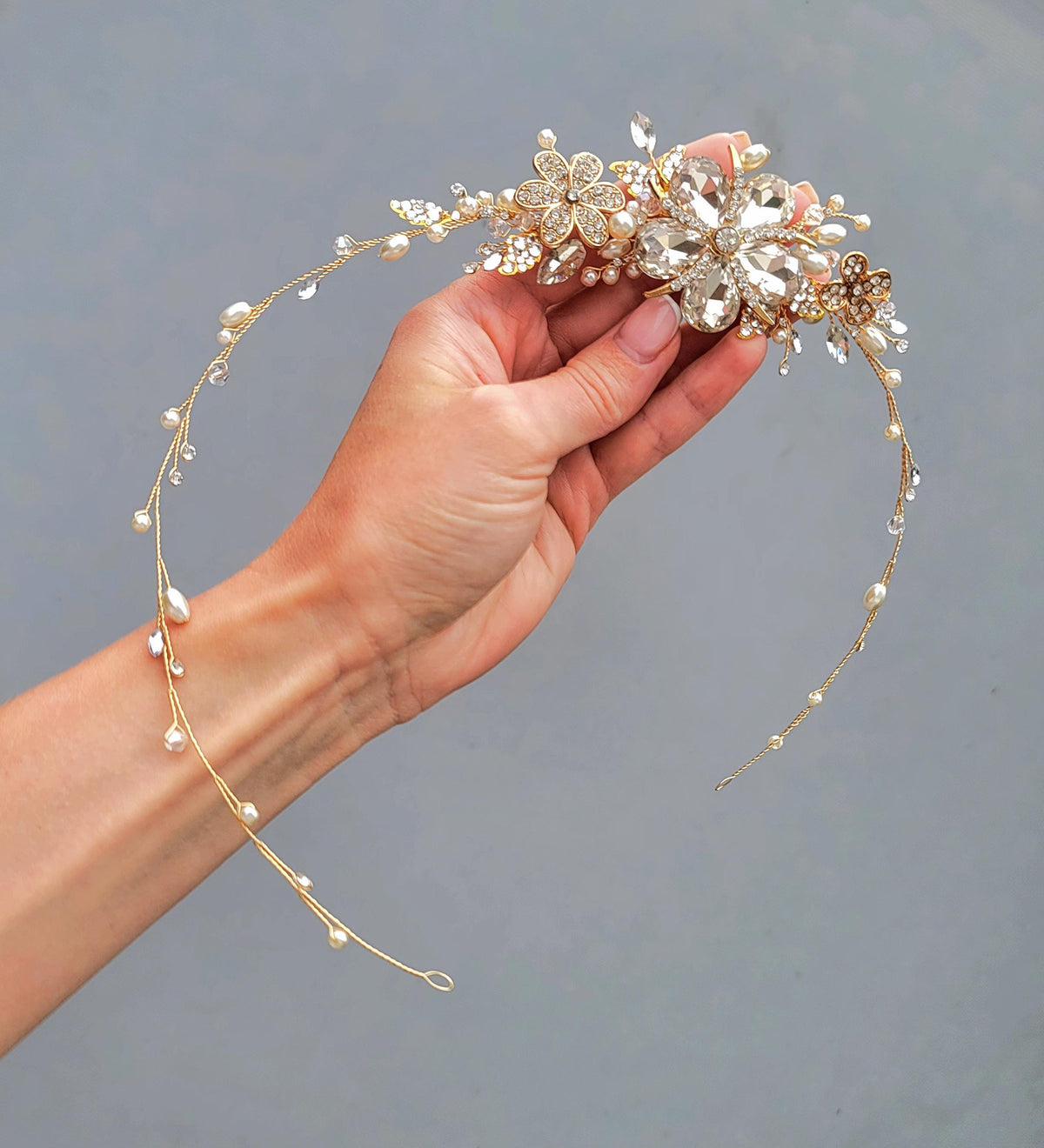 Gold Flower Bridal Hair Vine: Pearl & Crystal Wedding Headpiece