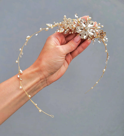 Gold Flower Bridal Hair Vine: Pearl & Crystal Wedding Headpiece