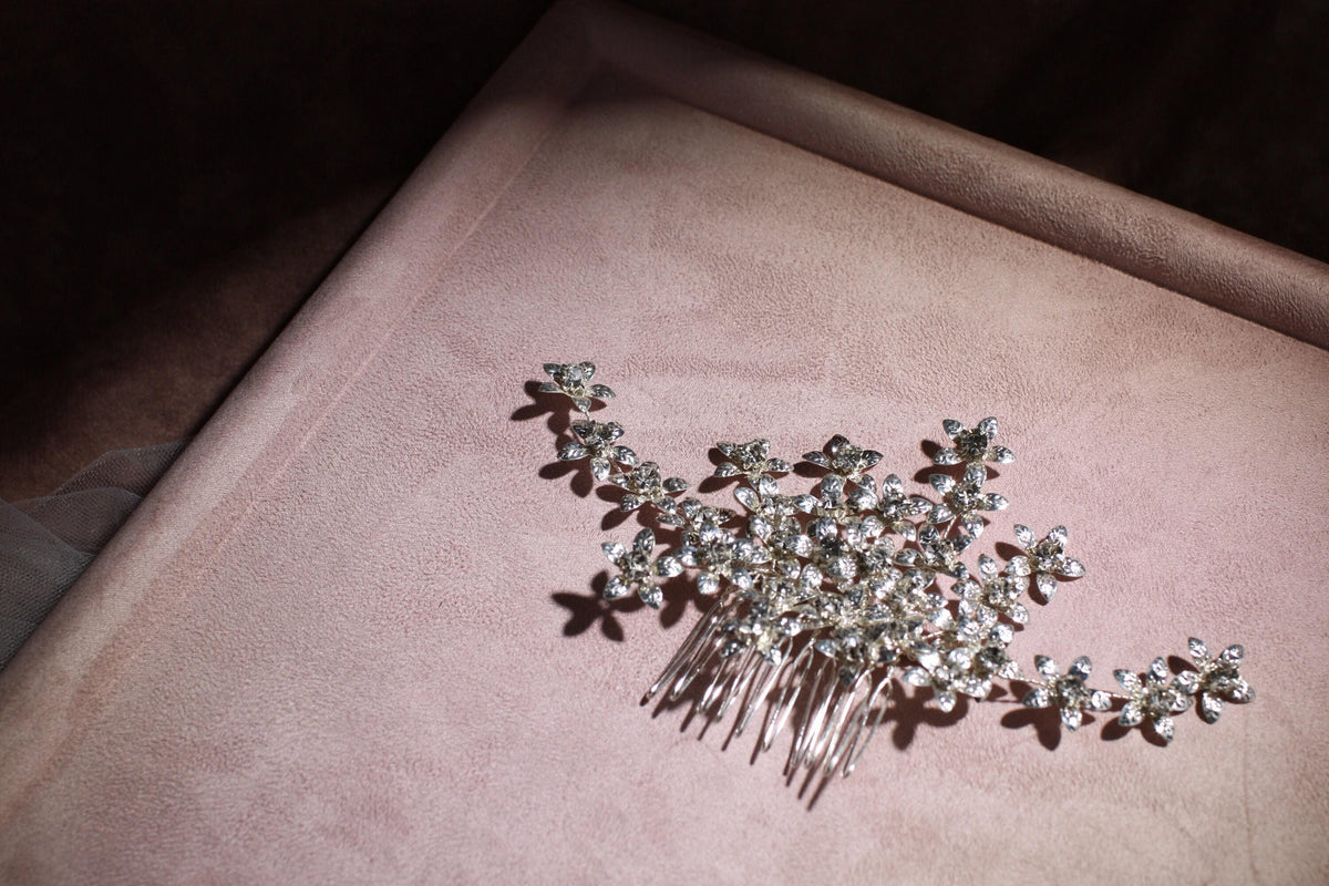 Silver Floral Bridal Hair Comb, Crystal Wedding Hairpiece
