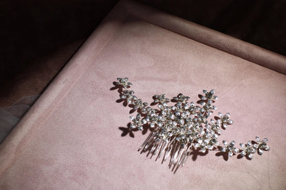 Silver Floral Bridal Hair Comb, Crystal Wedding Hairpiece