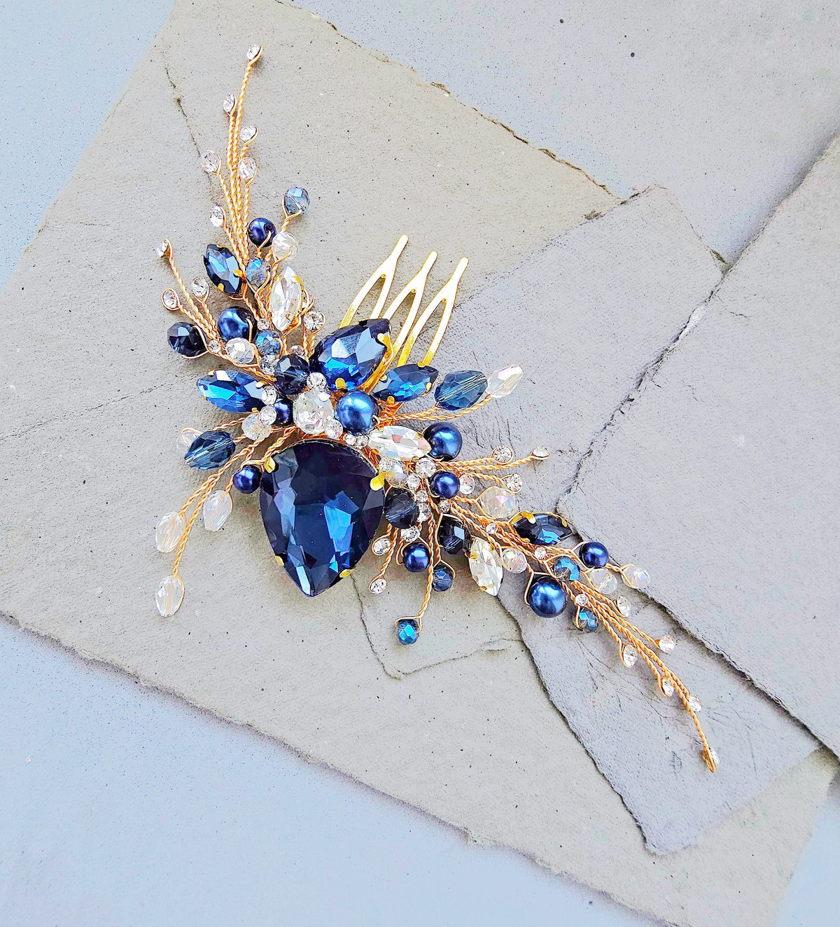 Navy Blue Crystal Bridal Hair Comb, Wedding Hairpiece, 6 Inch