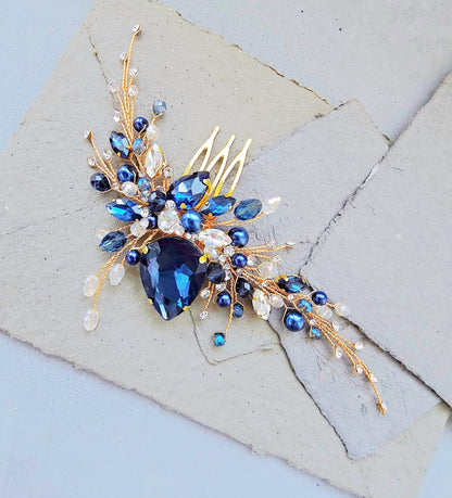 Navy Blue Crystal Bridal Hair Comb, Wedding Hairpiece, 6 Inch