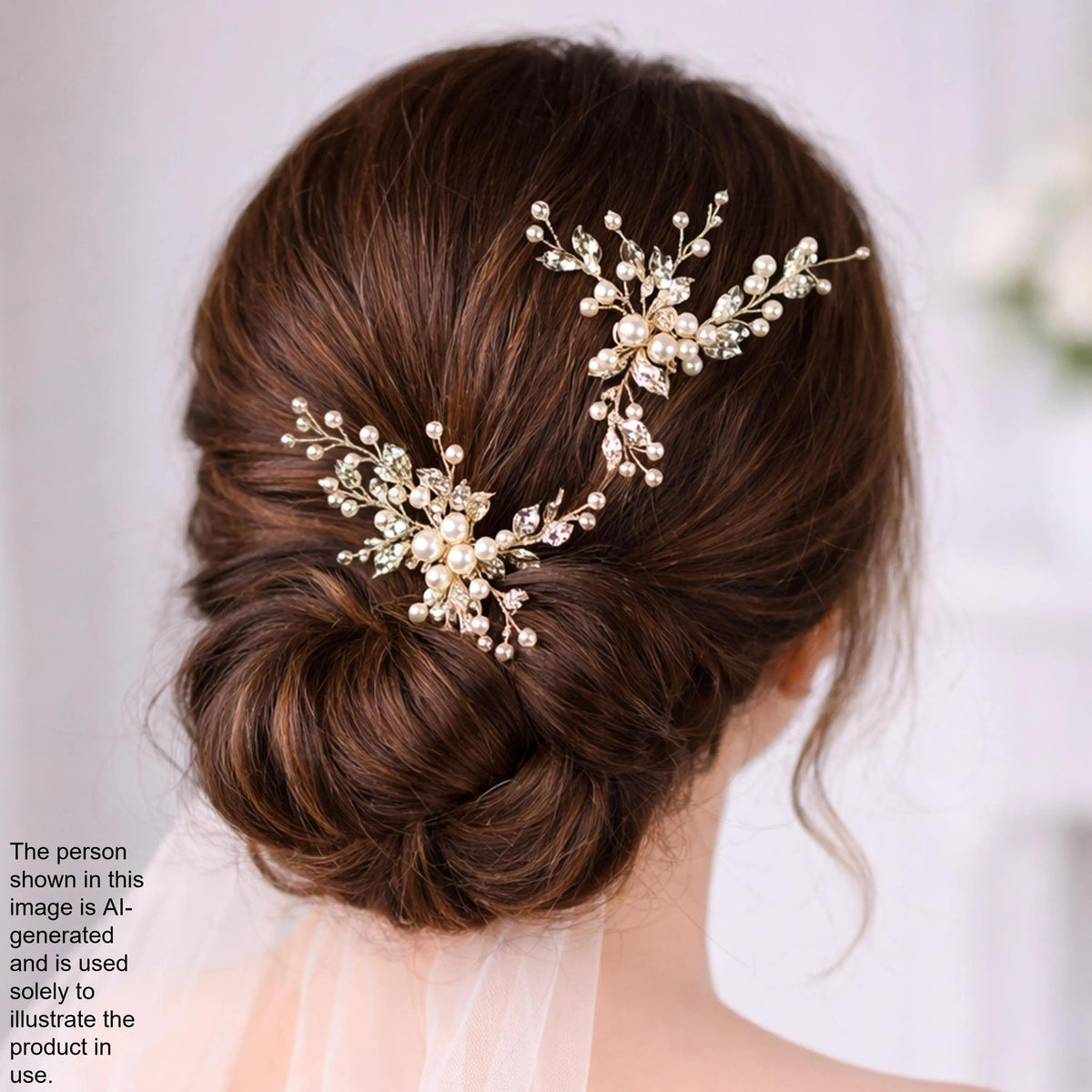the back view of a woman's head with her hair styled in a bun, adorned with decorative hair accessories.