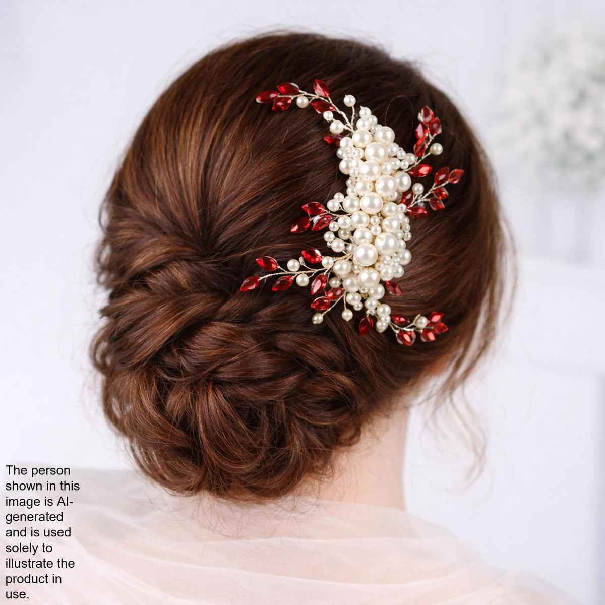 a woman's hair styled in a bun with a decorative hair accessory featuring red and white flowers and pearls.
