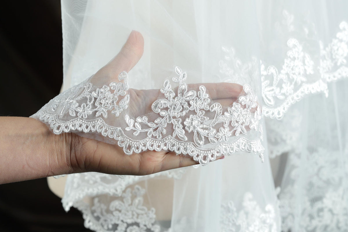 A hand holding a delicate white lace veil with intricate floral patterns.