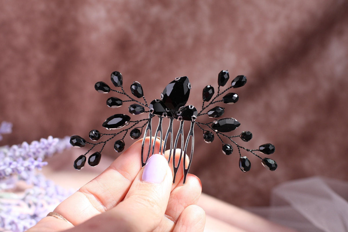 Black Crystal Floral Hair Comb: Bridal Wedding Hair Jewelry
