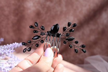 Black Crystal Floral Hair Comb: Bridal Wedding Hair Jewelry