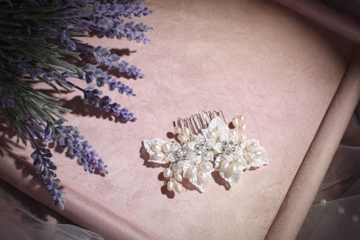 Rose Gold Flower Bridal Comb, Pearl Wedding Hair Piece, 6 Inch