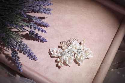 Rose Gold Flower Bridal Comb, Pearl Wedding Hair Piece, 6 Inch