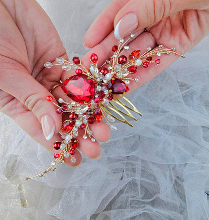 Red Crystal Wedding Hair Comb, Gold Bridal Hairpiece with Pearls, Bridesmaids Accessory