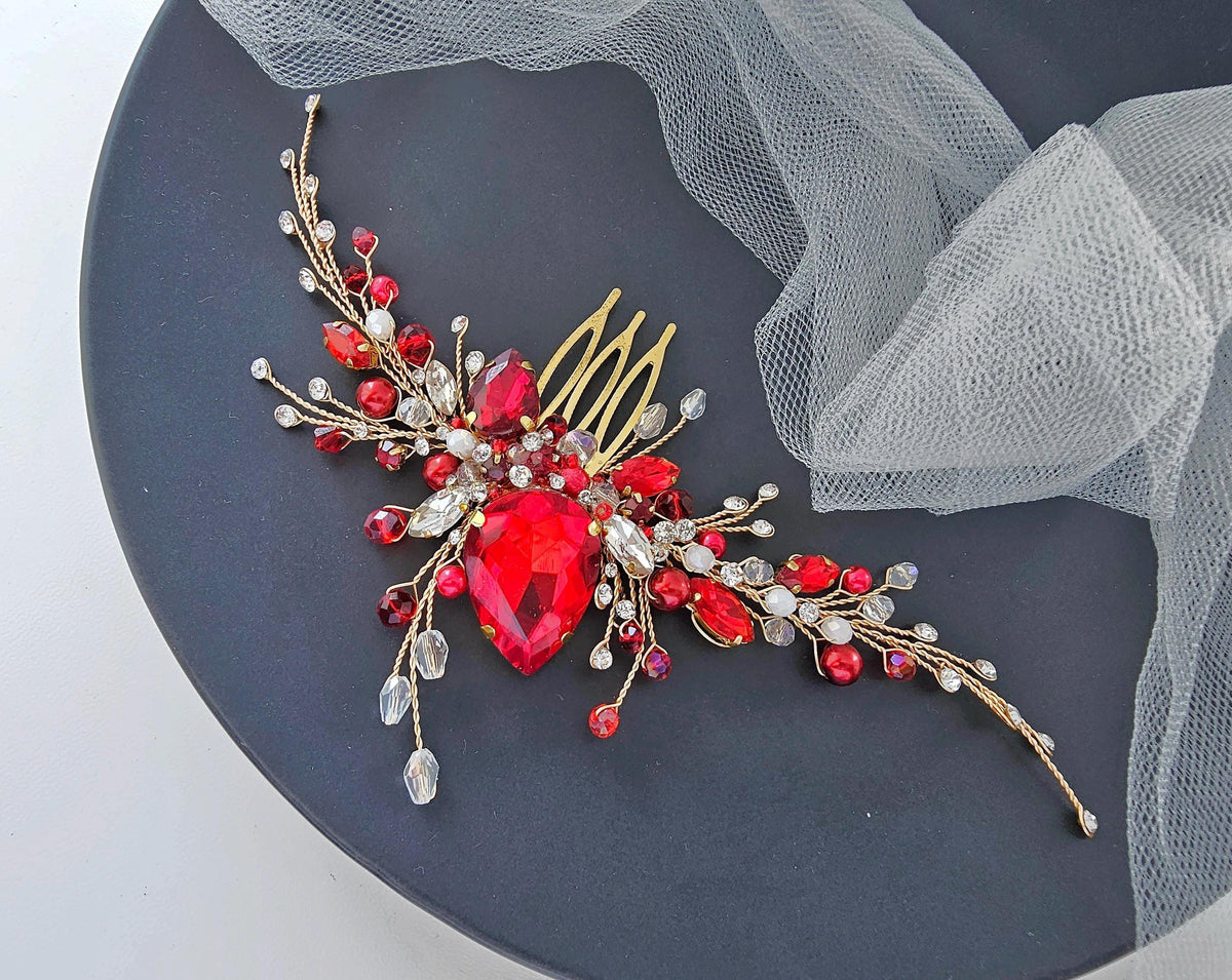 Red Crystal Wedding Hair Comb, Gold Bridal Hairpiece with Pearls, Bridesmaids Accessory
