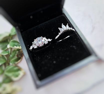Moissanite Engagement Ring Set: Marquise Crown, Rhodium Plated Silver