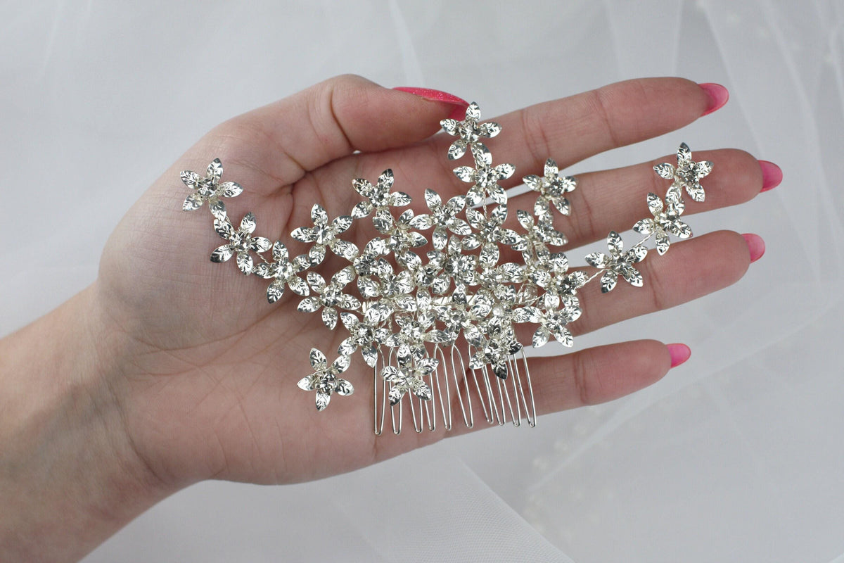 Silver Floral Bridal Hair Comb, Crystal Wedding Hairpiece