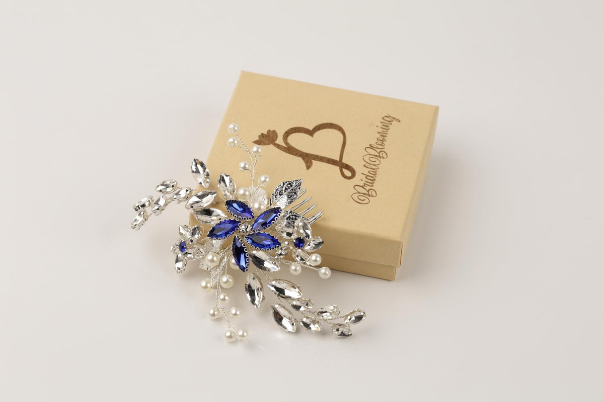 Blue Crystal Wedding Hair Comb, Silver Pearls & Rhinestone Bridal Hairpiece