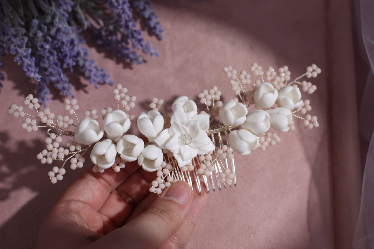 White Porcelain Flower Bridal Comb, Silver Wedding Hair Piece, 6 Inch