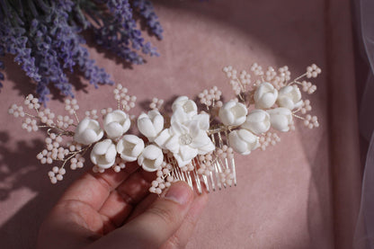 White Porcelain Flower Bridal Comb, Silver Wedding Hair Piece, 6 Inch