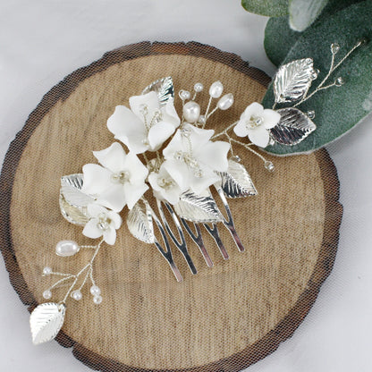 Porcelain Flower Bridal Comb, Silver Wedding Hair Piece, 6 Inch