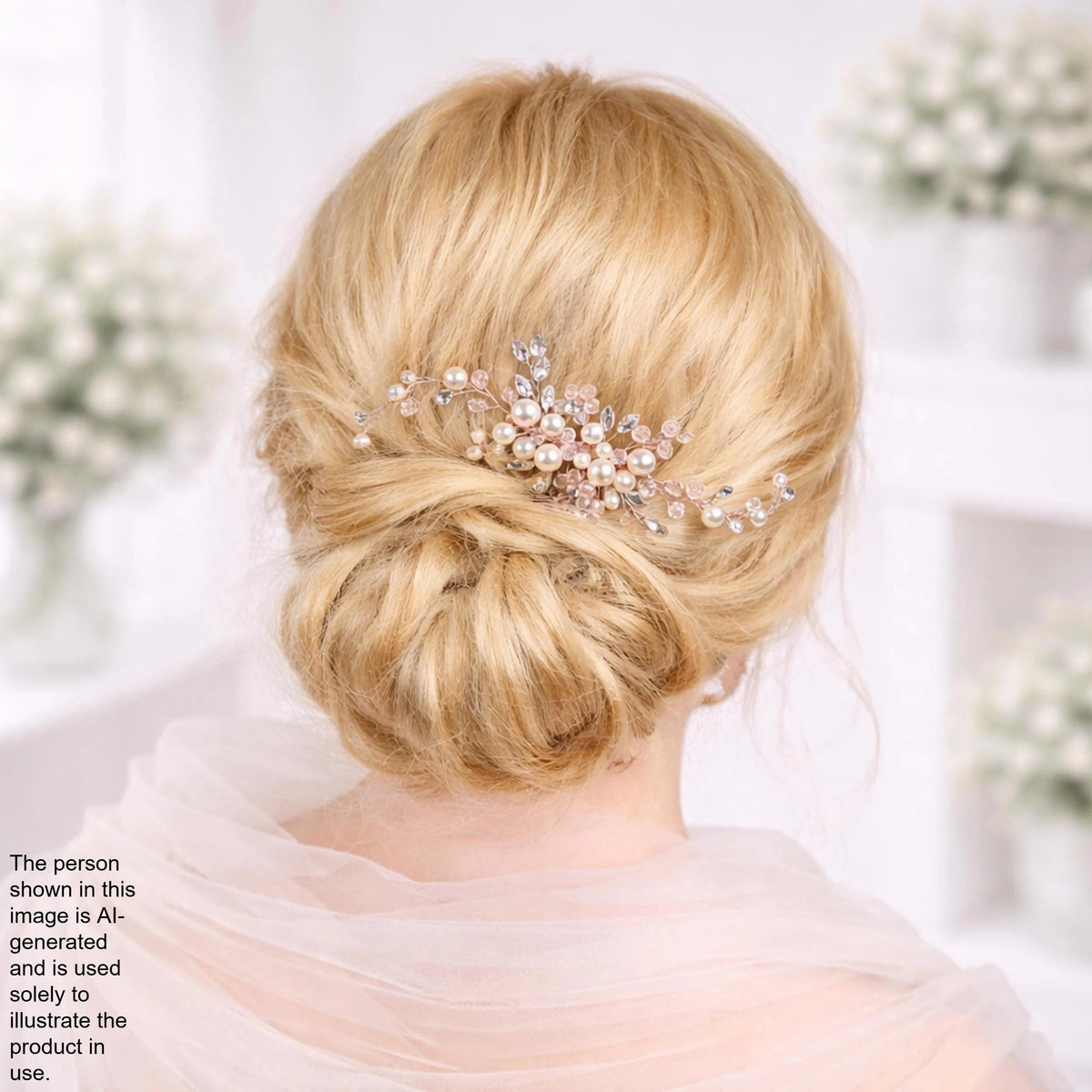 the back view of a woman's blonde hair with a decorative hair accessory, such as a flower or crystal piece, pinned to her hair.
