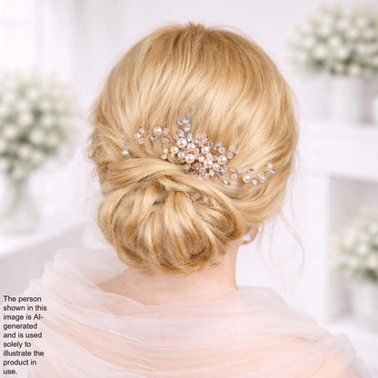 the back view of a woman's blonde hair with a decorative hair accessory, such as a flower or crystal piece, pinned to her hair.