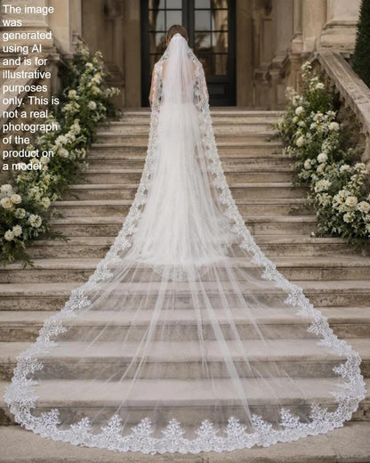 A bride wearing a long white wedding dress with a long veil walks down a set of stone stairs, flanked by floral arrangements.