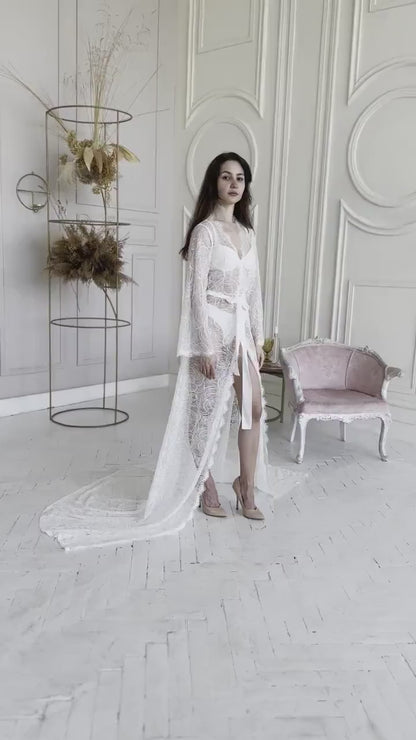 Sheer Lace Bridal Robe with Train, Romantic Wedding Lingerie Honeymoon Outfit