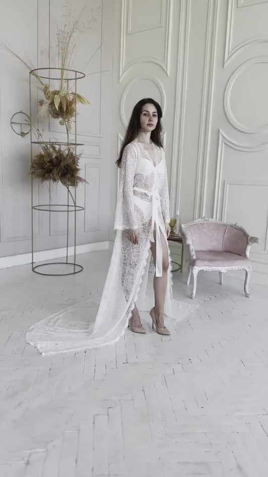 Sheer Lace Bridal Robe with Train, Romantic Wedding Lingerie Honeymoon Outfit