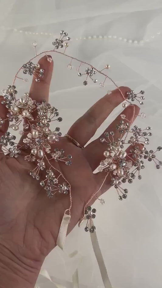 Rose Gold Floral Bridal Hair Vine: Rhinestone Wedding Headpiece