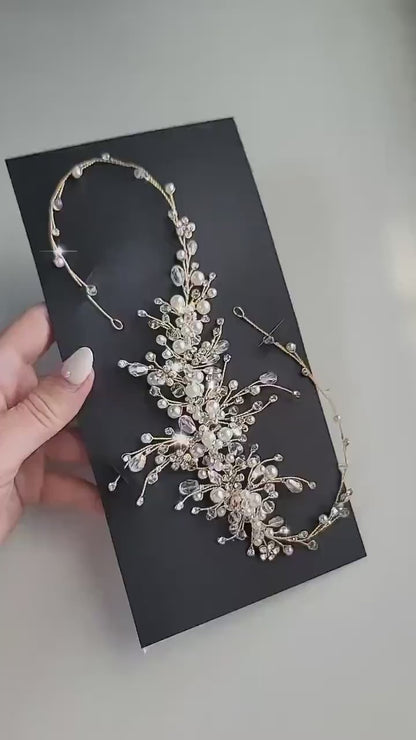 Gold Pearl Bridal Hair Vine: Crystal Wedding Hair Piece