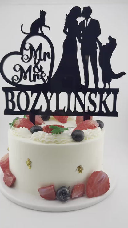 Wedding Cake Topper: Bride, Groom, Cat & Dog