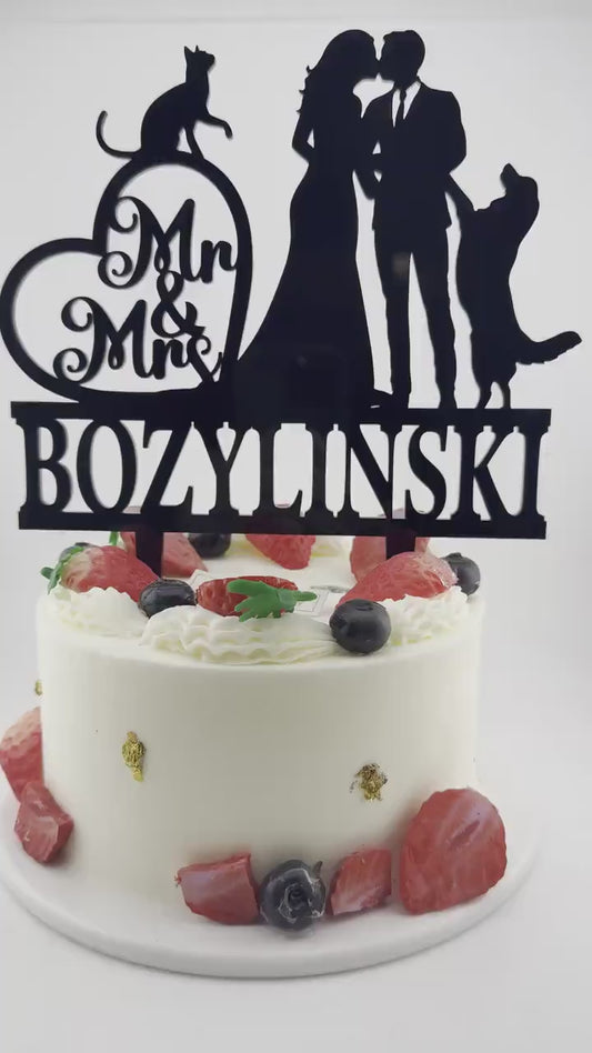 Wedding Cake Topper: Bride, Groom, Cat & Dog