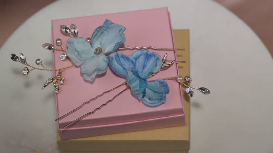 Blue Flower Wedding Hair Pins Set of 2, Bridal Hair Accessories, Something Blue Hairpiece